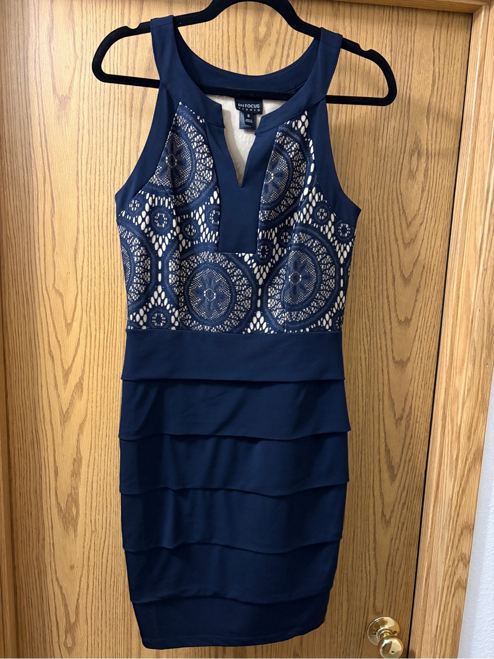 Enfocus Studio Navy Lace-Panel Tiered Midi Dress
